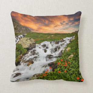 Waterfall in the Mountains with Flowers Cushion