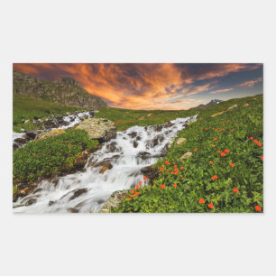 Waterfall in the Mountains with Flowers Rectangular Sticker