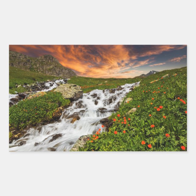 Waterfall in the Mountains with Flowers Rectangular Sticker (Front)