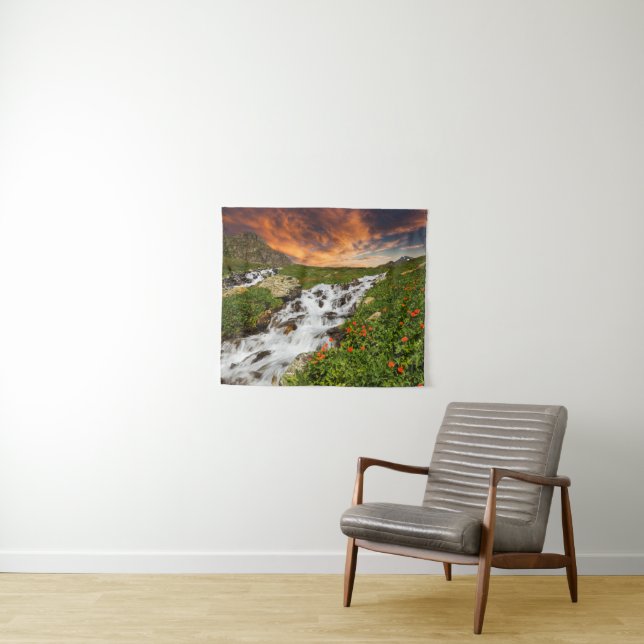Waterfall in the Mountains with Flowers Tapestry (In Situ (Horizontal))