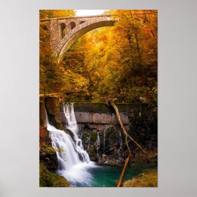 Waterfall in Vintgar Gorge canyon in autumn Poster (Front)