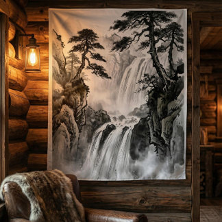 Waterfall Tapestry | Black & White Mountain Art