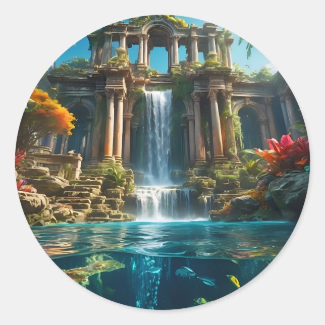 Waterfall Temple Classic Round Sticker (Front)