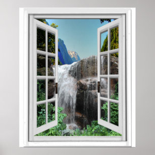 Waterfall Trompe l'oeil Effect Faux Window View Poster