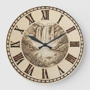 Waterfall Wall Clock – Wood-Burned Nature