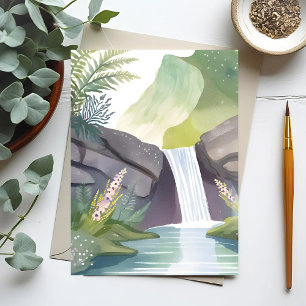 Waterfall Whisper   Nature Watercolor Landscape Postcard