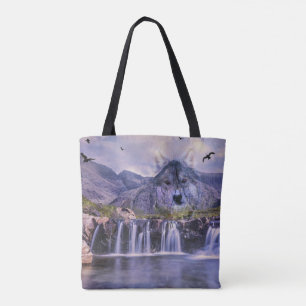Waterfall Wolf Mountain All Over Print Tote Bag