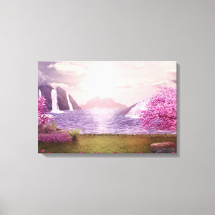 Waterfalls & Cherry Trees around a Lake Canvas Print
