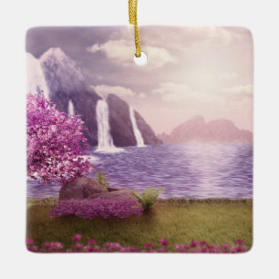Waterfalls & Cherry Trees around a Lake Ceramic Ornament