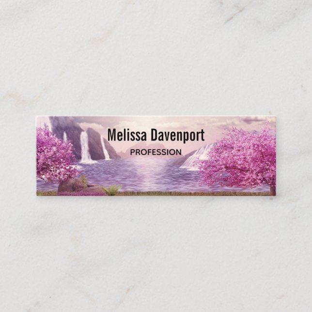 Waterfalls & Cherry Trees around a Lake Mini Business Card (Front)