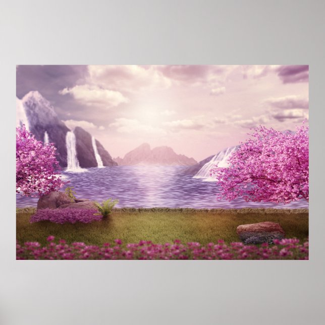 Waterfalls & Cherry Trees around a Lake Poster (Front)