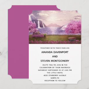 Waterfalls & Cherry Trees around a Lake Wedding Invitation