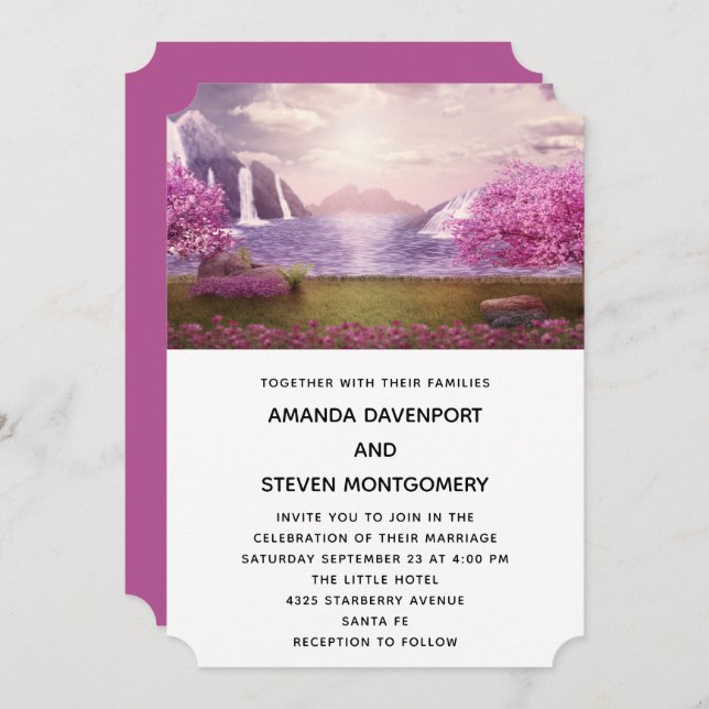 Waterfalls & Cherry Trees around a Lake Wedding Invitation (Front/Back)