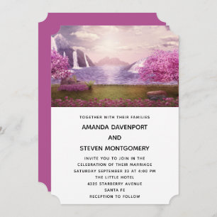 Waterfalls & Cherry Trees around a Lake Wedding Invitation