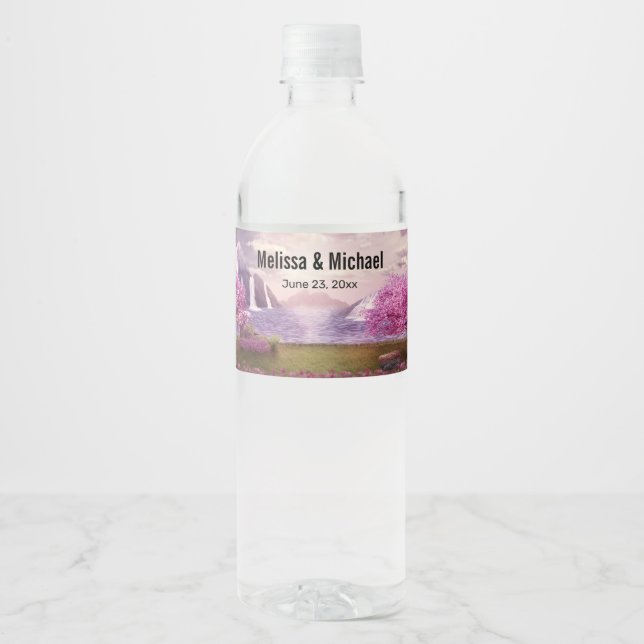  Waterfalls & Cherry Trees around a Lake Wedding Water Bottle Label (Front)