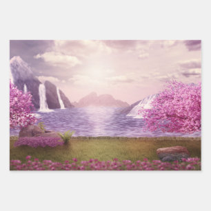 Waterfalls & Cherry Trees around a Lake Wrapping Paper Sheet