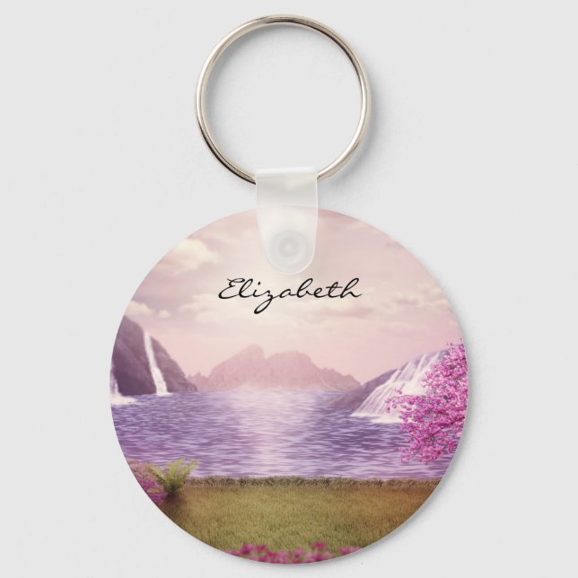  Waterfalls & Cherry Trees by a Lake Key Ring (Front)