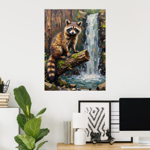 Waterfall's Edge: A Racoon's Stance Poster