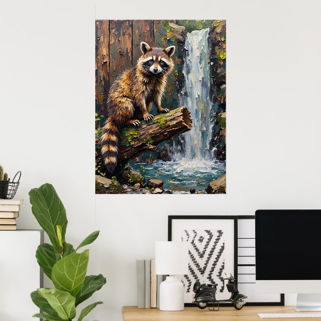 Waterfall's Edge: A Racoon's Stance Poster (Home Office)