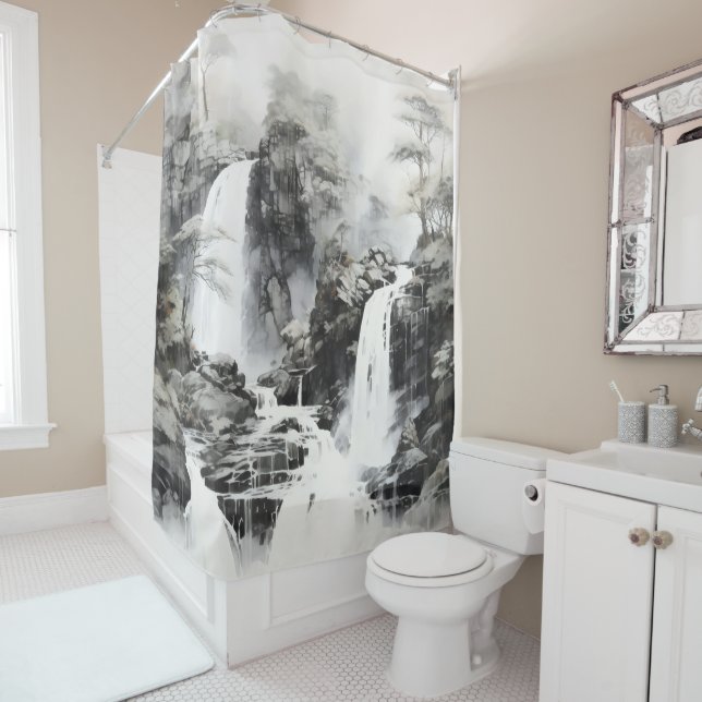 Waterfalls Monochromatic Landscape Shower Curtain (In Situ)