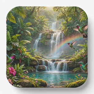 Waterfalls Rainbow Hummingbirds Tropical Hideaway Paper Plate