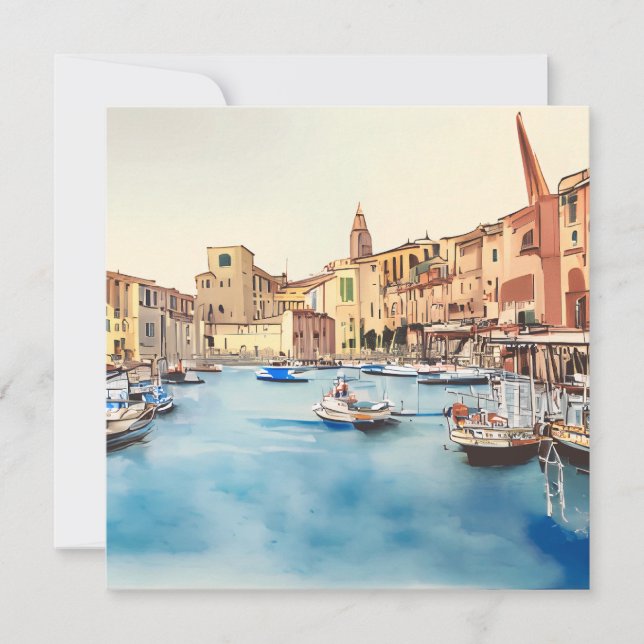 Waterfront And Boats In The Harbour, Italian Holiday Card (Front)