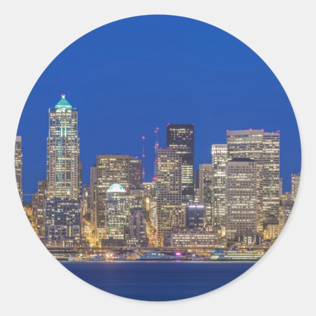 Waterfront and Downtown Skyline at Twilight Classic Round Sticker (Front)