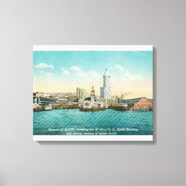 Waterfront View of Port and Smith Tower Canvas Print (Front)
