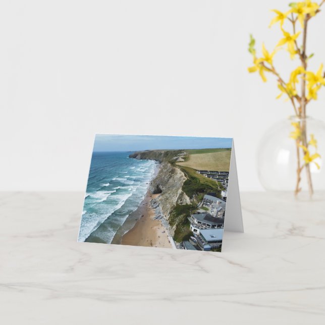 Watergate Bay, Cornwall Greeting Card. Card (Yellow Flower)