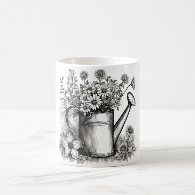 Watering can, Black & white art , Spring Art,  Coffee Mug (Center)