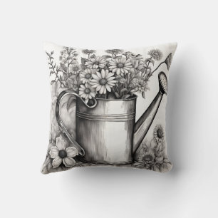Watering can, Black & white art , Spring Art Cushion