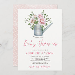 Watering can blush pink roses baby girl shower invitation