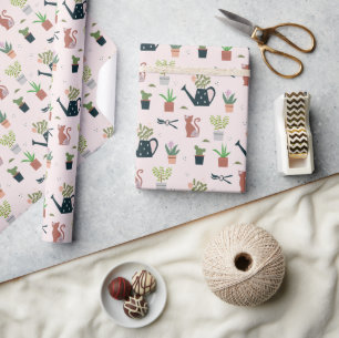 Watering Can Plants Cats Cute Gardening Pattern Wrapping Paper