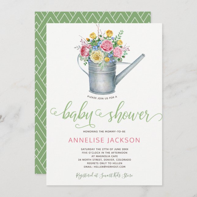 Watering can sage blush pink floral baby shower invitation (Front/Back)