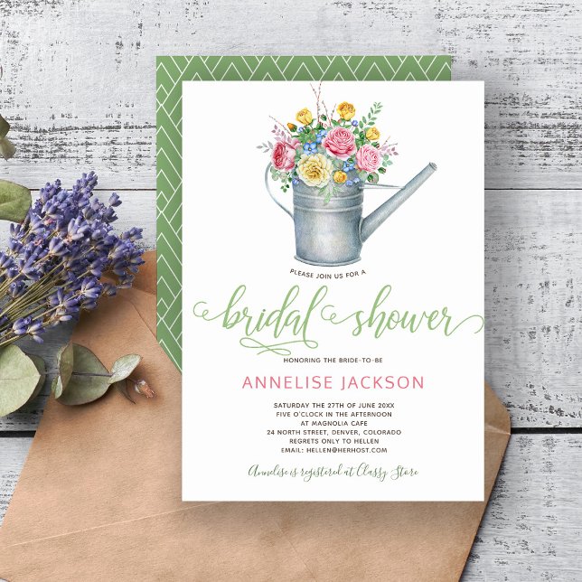 Watering can sage blush pink floral bridal shower invitation (Creator Uploaded)