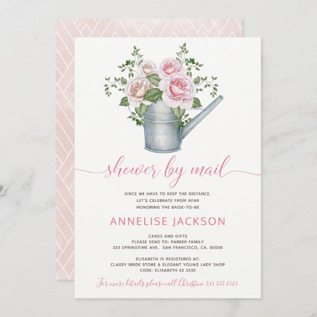 Watering can sage blush pink roses shower by mail invitation (Front/Back)