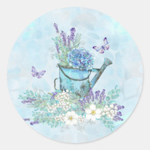 Watering Can With Summertime Flowers & Butterflies Classic Round Sticker