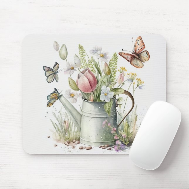 Watering Can With Tulips and Butterflies Mouse Pad (With Mouse)