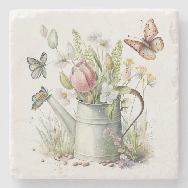 Watering Can With Tulips and Butterflies Stone Coaster (Front)