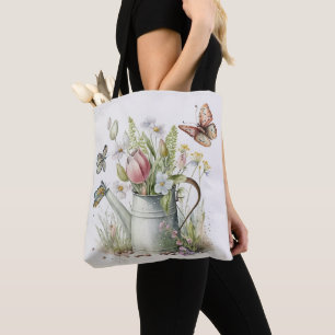 Watering Can With Tulips and Butterflies Tote Bag