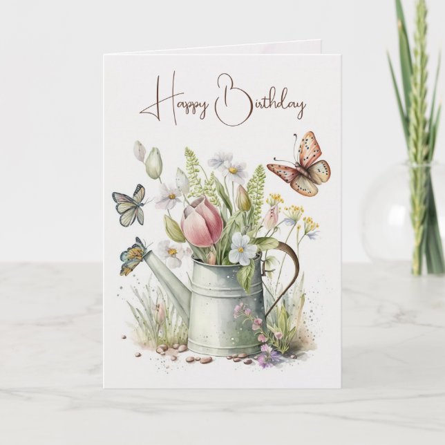 Watering Can With Tulips Birthday Card (Front)