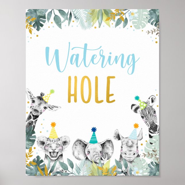 Watering Hole Blue Gold Party Animal Birthday Sign (Front)