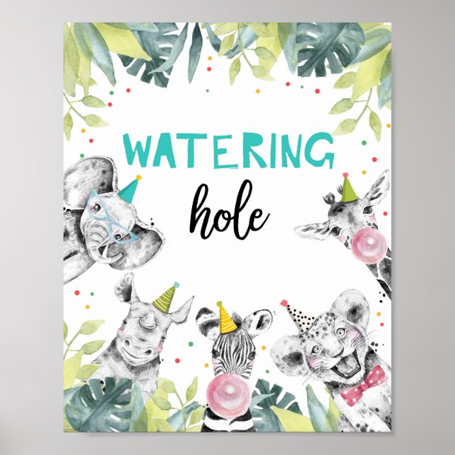 Watering Hole Wild Animals Boy Birthday Table Sign (Front)