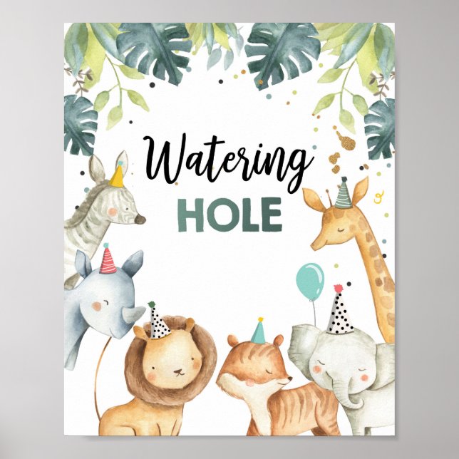 Watering Hole Wild Animals Boy Birthday Table Sign (Front)