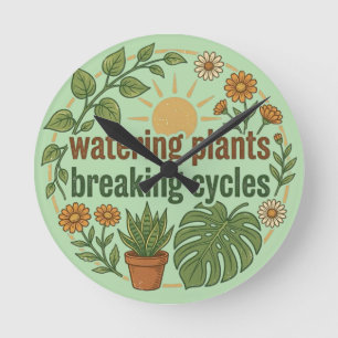 Watering Plants Breaking Cycles Retro … Round Clock