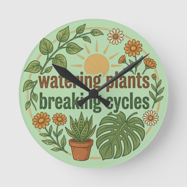 Watering Plants Breaking Cycles Retro … Round Clock (Front)