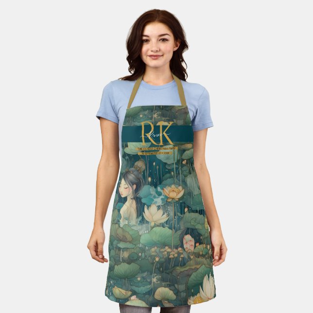Waterlilies fairytale green hues custom Monogram Apron (Worn)