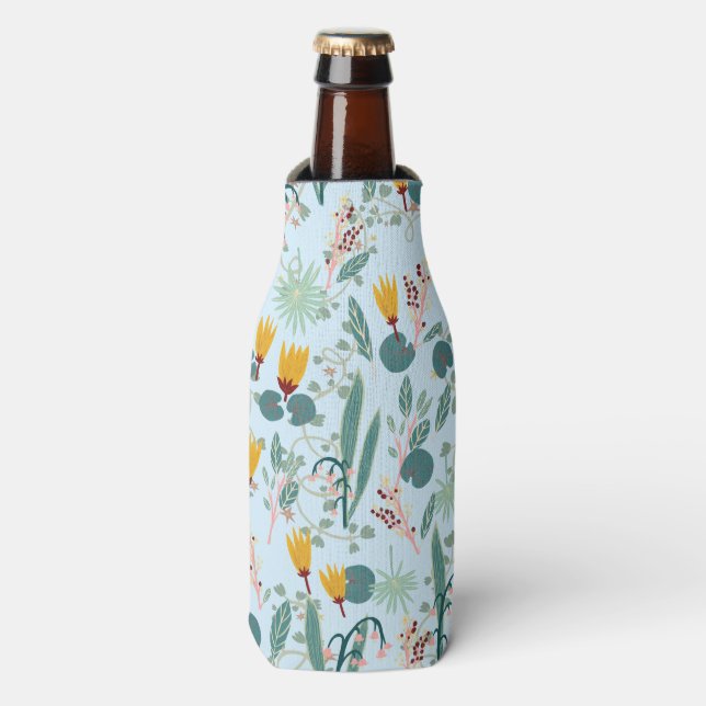 Waterlily Blooms Garden Pattern BLue Bottle Cooler (Bottle Front)