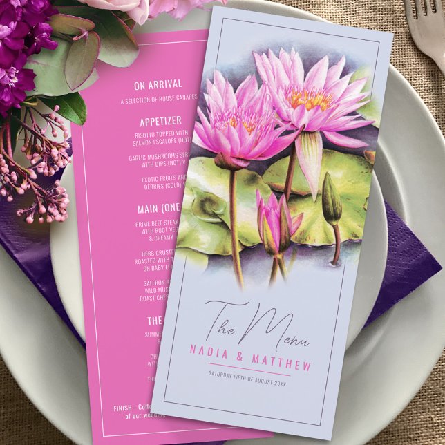 Waterlily blue pink watercolor wedding menu (Creator Uploaded)