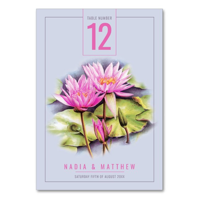 Waterlily blue pink watercolor wedding table number (Back)